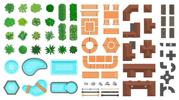 Architectural landscape items. Outdoor city top view trees, houses, roads and wooden furniture