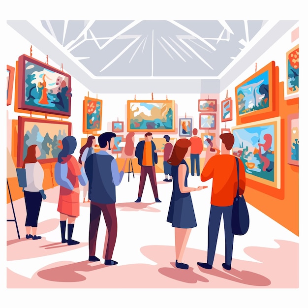 Vector art gallery visitors admiring famous paintings exhibition