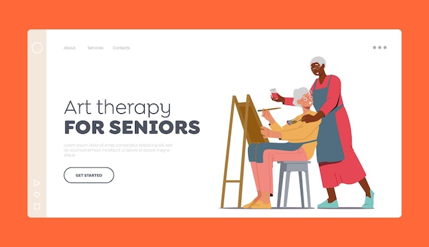 Art Therapy for Seniors Landing Page Template Pensioner Artistic Occupation Painting Lady Draw in Studio with Teacher