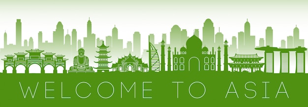 Asia famous landmark green silhouette design