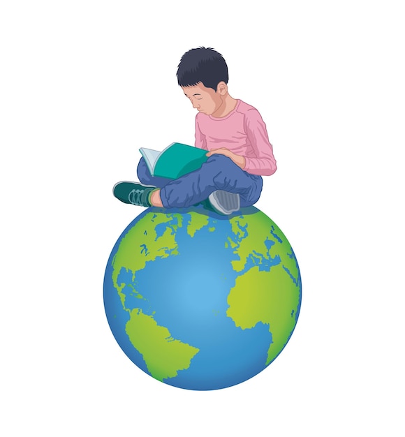 Asian boy sitting on earth globe reading book vector illustration