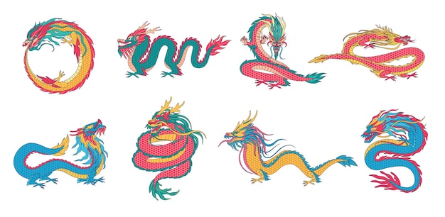 Asian dragons Chinese mythological creatures ancient legend animals and ouroboros dragon vector illustration set