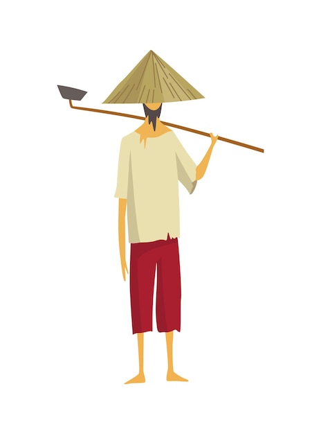Vector asian farmer in straw conical hat. asia rural culture. chinese farmer carrying hoe on his shoulders. vector cartoon illustration