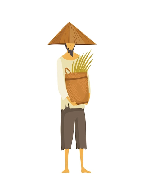 Vector asian farmer in straw conical hat. asia rural culture. chinese farmer carrying yields harvest in his hands. vector cartoon illustration