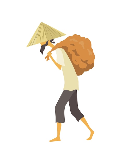 Asian farmer in straw conical hat Asia rural culture Chinese farmer carrying yields harvest on his shoulders Vector cartoon illustration