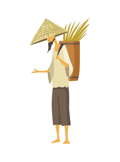 asian farmer in straw conical hat. asia rural culture. chinese farmer carrying yields rice harvest