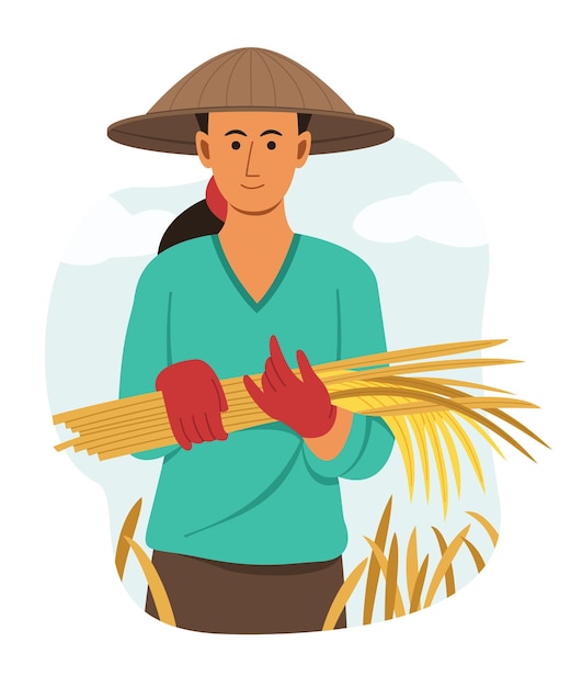 Vector asian woman farmer hold the dry rice