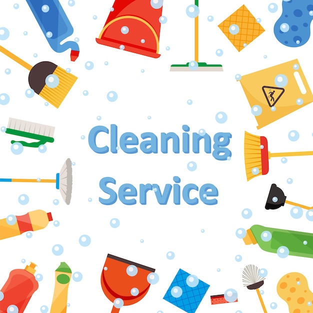 Assorted cleaning items set with brooms, bucket, mops, spray, brushes, sponges. Cleaning service. Cleaning accessories flat style. EPS 10