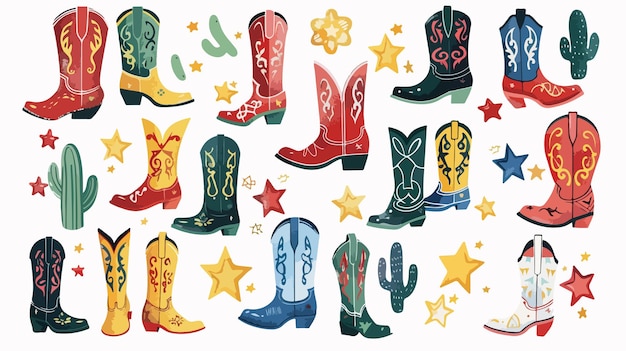 Vector assorted cowboy boots with unique ornaments for western fashion enthusiasts