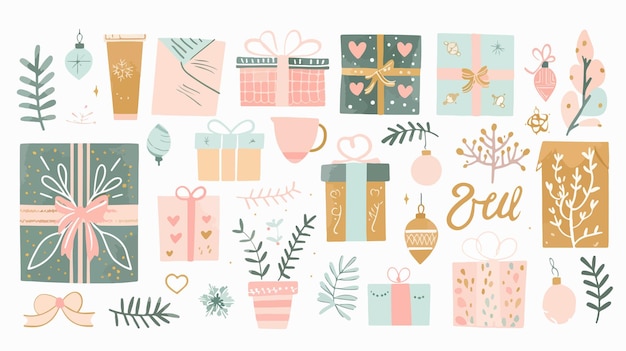 Vector assortment of gift and present boxes with craft paper envelopes