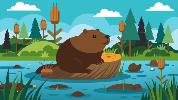 Vector ast the reeds a busy beaver has constructed an impressive dam creating a bustling ecosystem for a variety of plants and animals