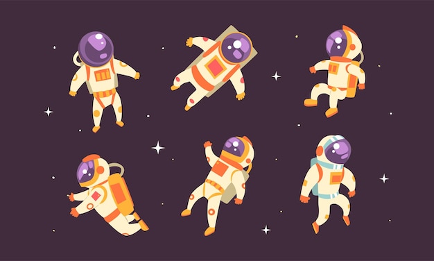 Vector astronauts in spacesuits floating in outer space set spaceman performing extravehicular activity on backgound of stars vector illustration