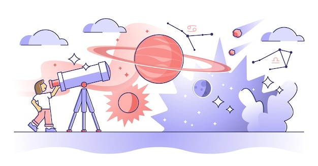 Astronomy study as universe, planet and stars research outline concept. Outer space and cosmos knowledge learning with binoculars in planetary vector illustration. Galaxy and constellation knowledge.