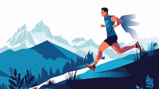 Vector athlete running along mountain path flat vector illustration