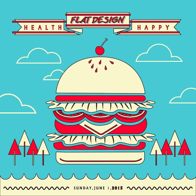 Vector attractive fast food restaurant menu with a huge hamburger in flat line design