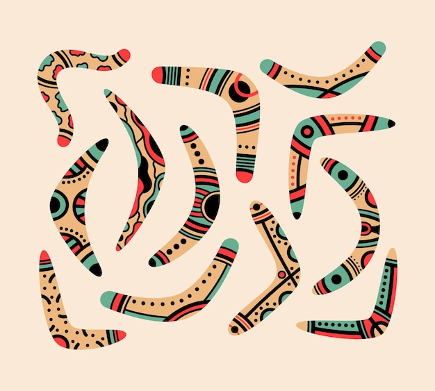 Australian aboriginal traditional wooden boomerangs cartoon vector illustration icons set