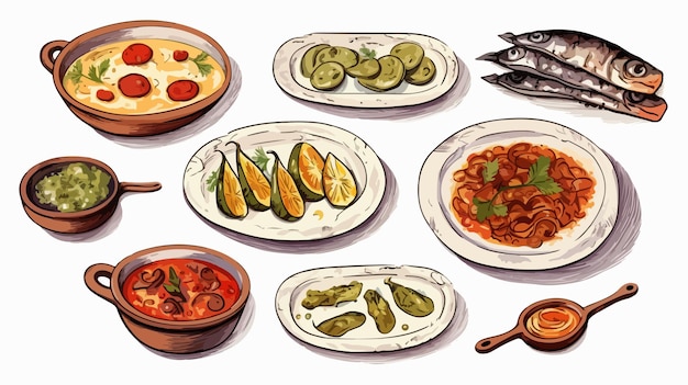 Vector authentic handdrawn georgian cuisine dishes in color