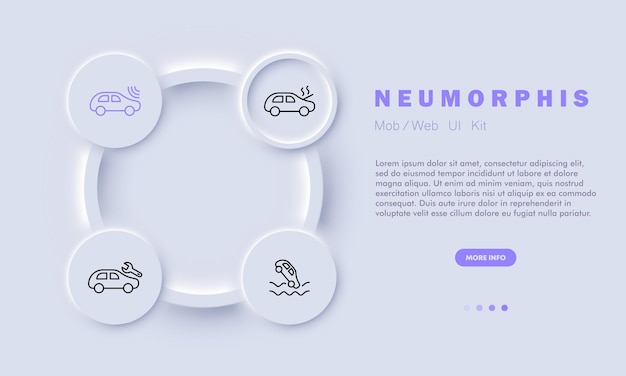 Auto ingesteld pictogram Auto stijgen afdaling ongeval brandalarm parkeren klif videorecorder Tankstation Verkeersregel concept Neomorfisme stijl Vector lijn pictogram voor Business en reclame
