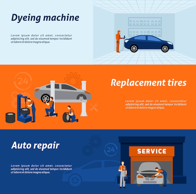 Vector auto mechanic 3 flat banners set