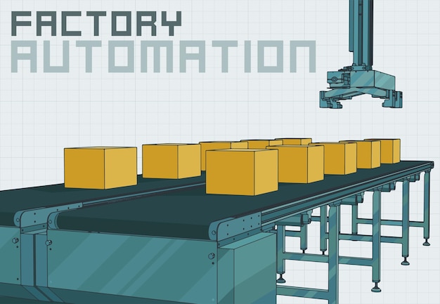 Vector automated conveyor line with robotic manipulator illustration