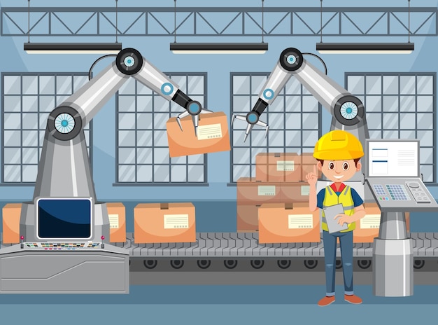 Automation industry concept with assembly line robots