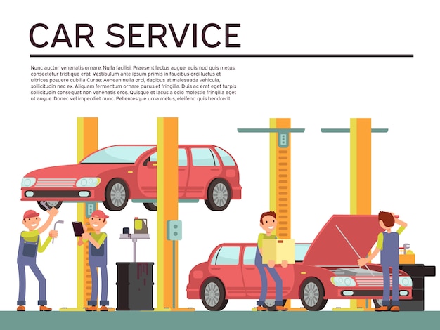 Vector automobile service and vehicle check vector background with car and mechanics in uniform