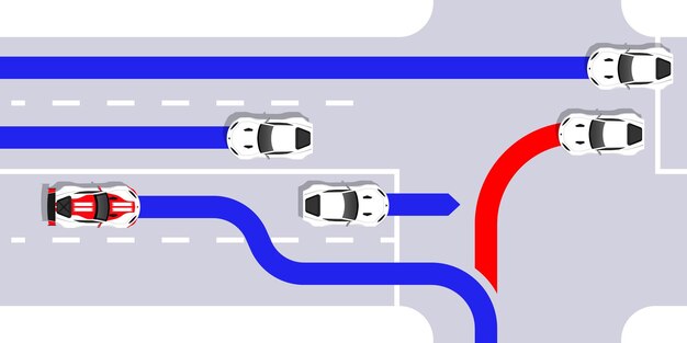 Vector autonomous smart car goes on the road in traffic scans the road observe the distance