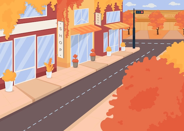 Vector autumn city street flat color vector illustration. fall season. trees with orange foliage. harvest holidays. shopping area 2d cartoon cityscape with bookstores, boutiques and supermarket on background