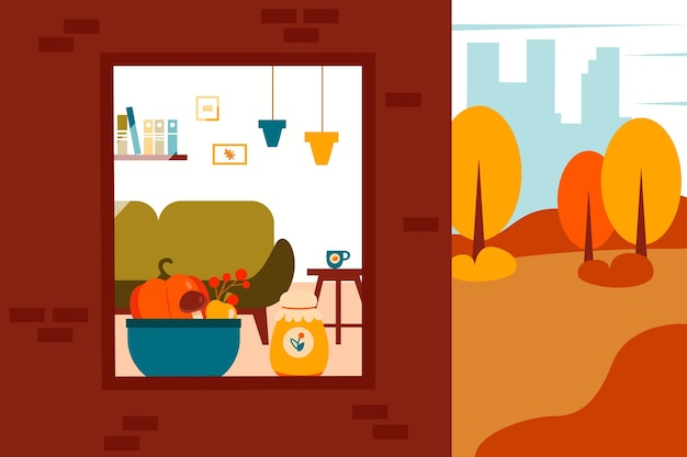 Vector autumn cute illustration of a cozy interior and nature vector illustration