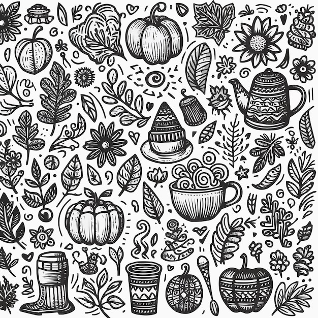 Autumn fall doodle set Hand drawn black color sketch vector illustration