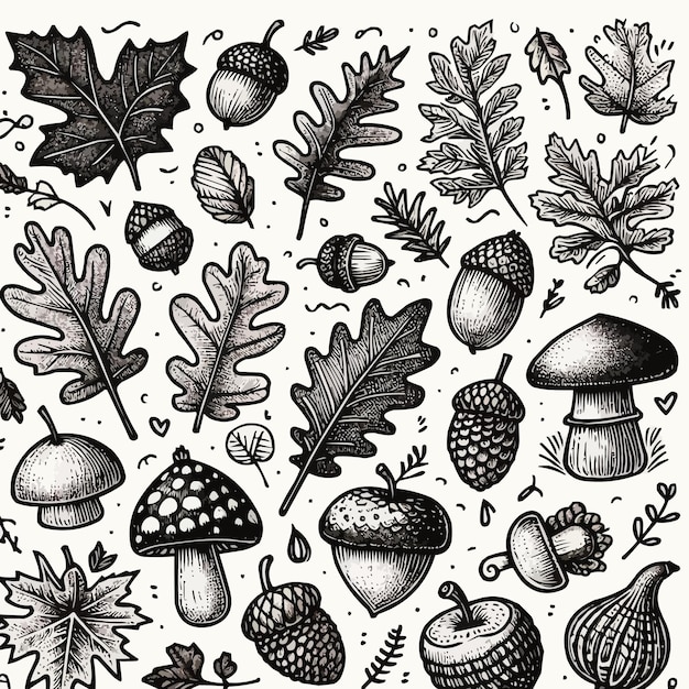 Vector autumn fall doodle set hand drawn black color sketch vector illustration