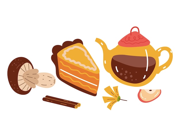 Autumn forest meal with pie and hot drink concept cartoon design element illustration