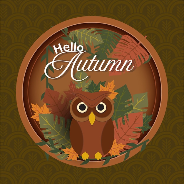 Autumn greeting card with owl and flat leaf