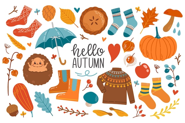 Autumn icons set vector illustration leaves, pumpkins, sweater, cute animals, socks, floral wreath