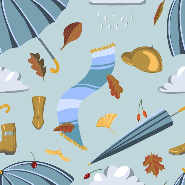 Autumn mood vector seamless pattern Fall season accessories umbrellas leaves clouds Abstract cartoon ornament for background wallpaper textile decor