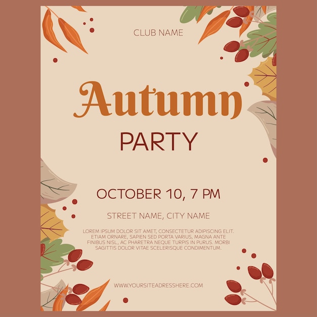 Autumn Party poster template design Frame with different leaves and berries