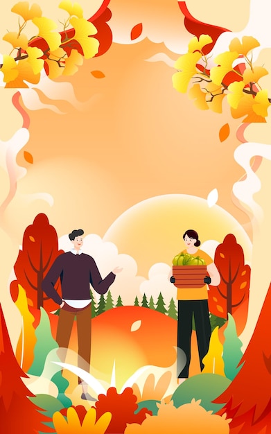 Autumn people exercise and walk outdoors with trees and grass in the background, vector illustration