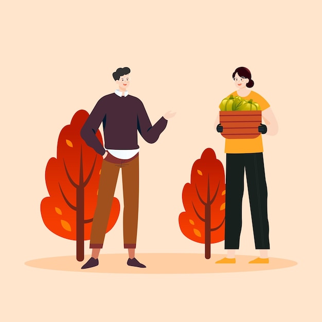 Autumn people exercise and walk outdoors with trees and grass in the background, vector illustration