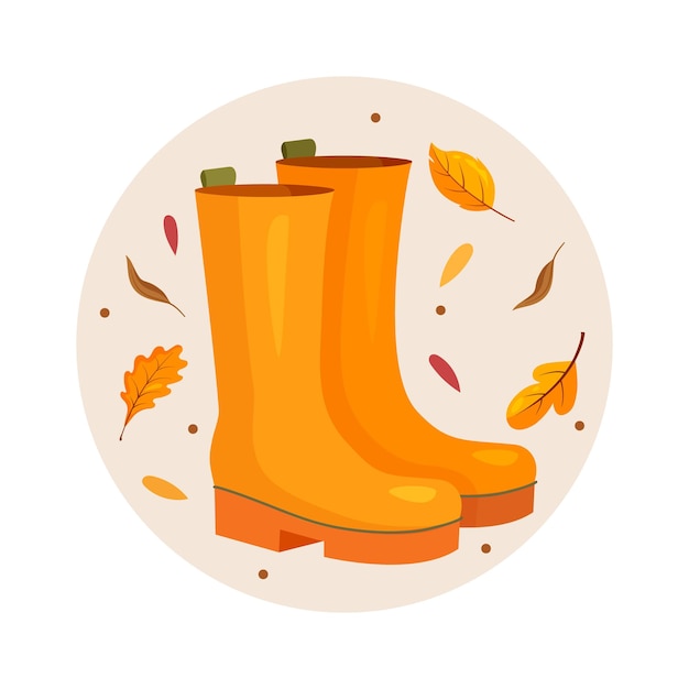 Vector autumn rubber boots on the background with yellow leaves