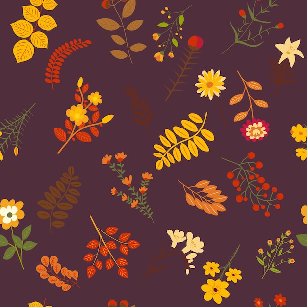 Vector autumn seamless background leaves flowers pattern