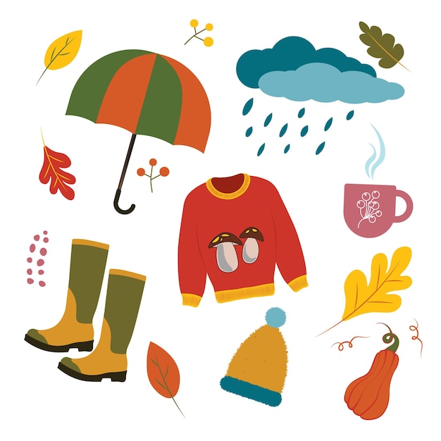 Autumn set of vector icons, cup, falling leaves, pumpkin, umbrella, hat, rain, branches, sweater.