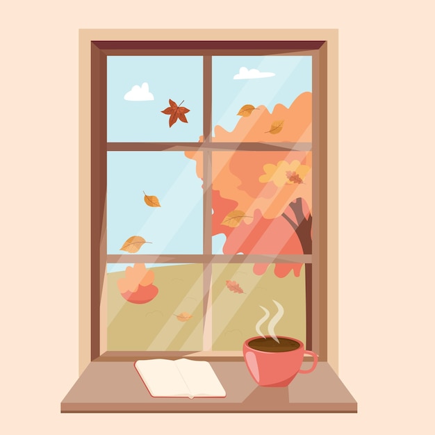 Vector autumn window with landscape with a book and a coffee cup on the sill