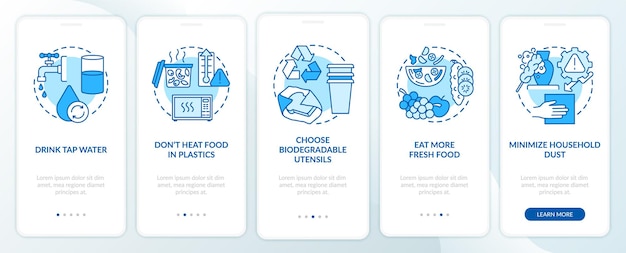 Avoiding microplastics tips onboarding mobile app page screen with concepts. Drink tap water walkthrough 5 steps graphic instructions. UI  template with RGB color illustrations