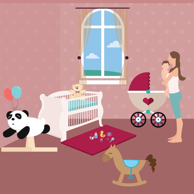 baby nursery room with crib toys and moms holding the