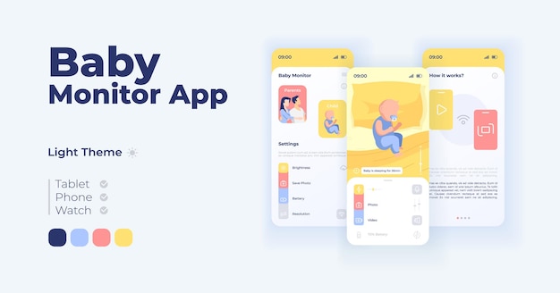 赤ちゃん監視漫画スマートフォンインターフェイスベクトルテンプレートセット。モバイルアプリの画面ページの日モードのデザイン。眠っている新生児を見守っています。アプリケーションのUI。フラットな文字の電話ディスプレイ