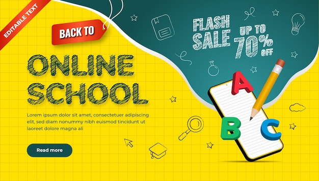 Back to online school background. Flash Sale up to 70 percentage off. Design with icon chalk style and 3d illustration.