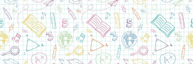 Vector back to school background seamless pattern with doodle supplies back to school concept