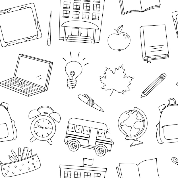 Back to school black and white vector seamless pattern Educational outline digital paper Cute line classroom icons background or coloring page with school building bus globe stationeryxA