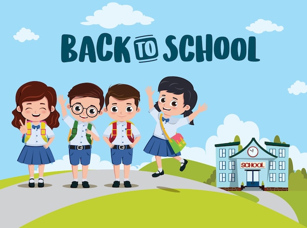 Back to school classmates vector design Back to school text and campus