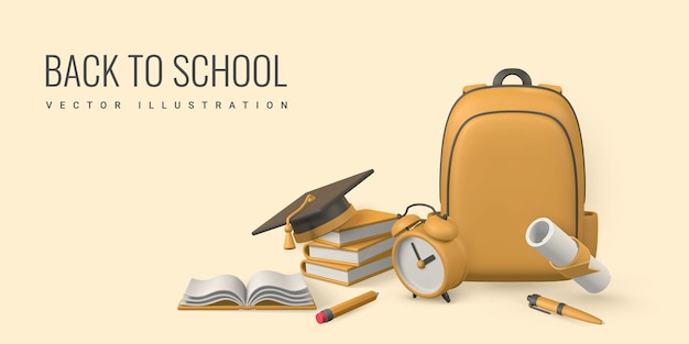 Back to school concept School bag with book pencil alarm clock graduation cap and diploma Vector illustration